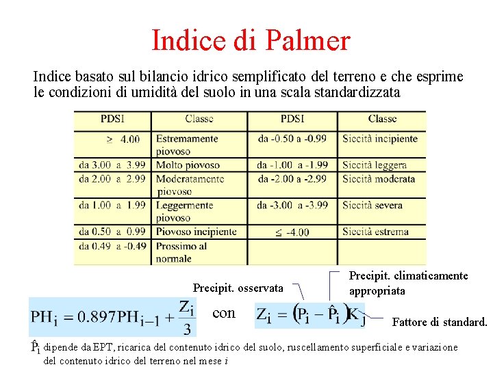 Indice di Palmer Indice basato sul bilancio idrico semplificato del terreno e che esprime