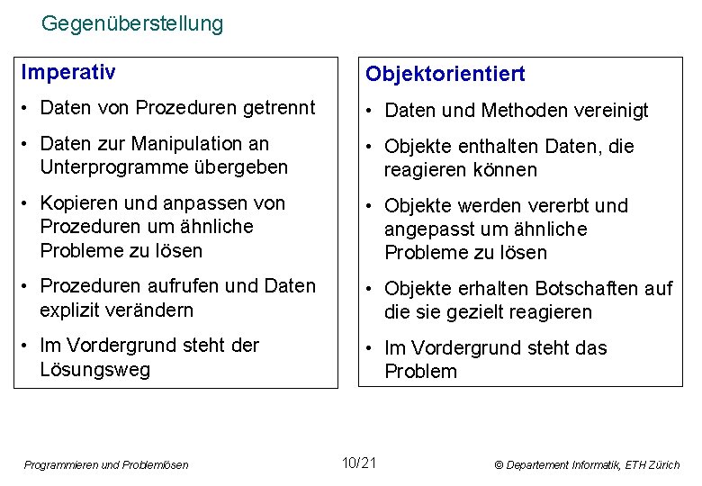 Gegenüberstellung Imperativ Objektorientiert • Daten von Prozeduren getrennt • Daten und Methoden vereinigt •