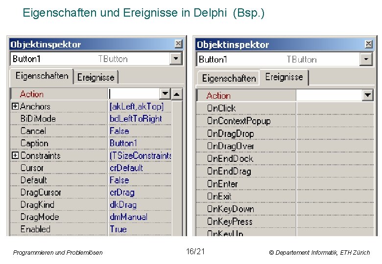 Eigenschaften und Ereignisse in Delphi (Bsp. ) Programmieren und Problemlösen 16/21 © Departement Informatik,
