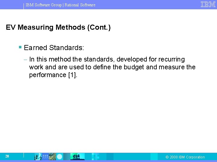 IBM Software Group | Rational Software EV Measuring Methods (Cont. ) § Earned Standards: IBM Software Group | Rational Software EV Measuring Methods (Cont. ) § Earned Standards: