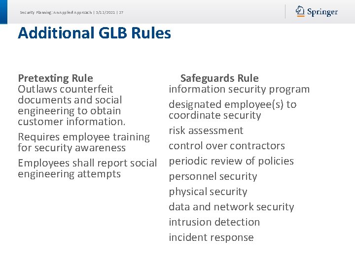 Security Planning: An Applied Approach | 3/12/2021 | 27 Additional GLB Rules Pretexting Rule Security Planning: An Applied Approach | 3/12/2021 | 27 Additional GLB Rules Pretexting Rule