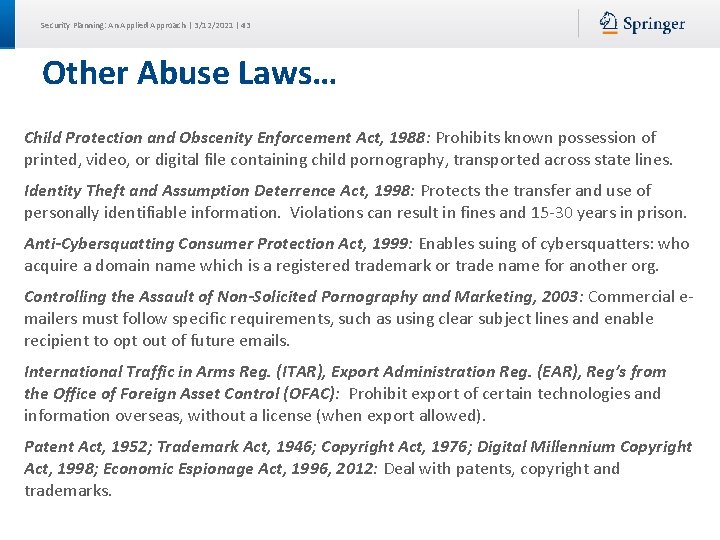 Security Planning: An Applied Approach | 3/12/2021 | 43 Other Abuse Laws… Child Protection Security Planning: An Applied Approach | 3/12/2021 | 43 Other Abuse Laws… Child Protection