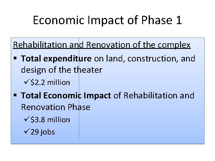 Economic Impact of Phase 1 Rehabilitation and Renovation of the complex § Total expenditure Economic Impact of Phase 1 Rehabilitation and Renovation of the complex § Total expenditure