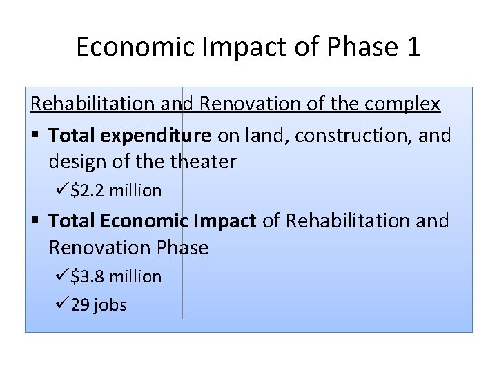 Economic Impact of Phase 1 Rehabilitation and Renovation of the complex § Total expenditure