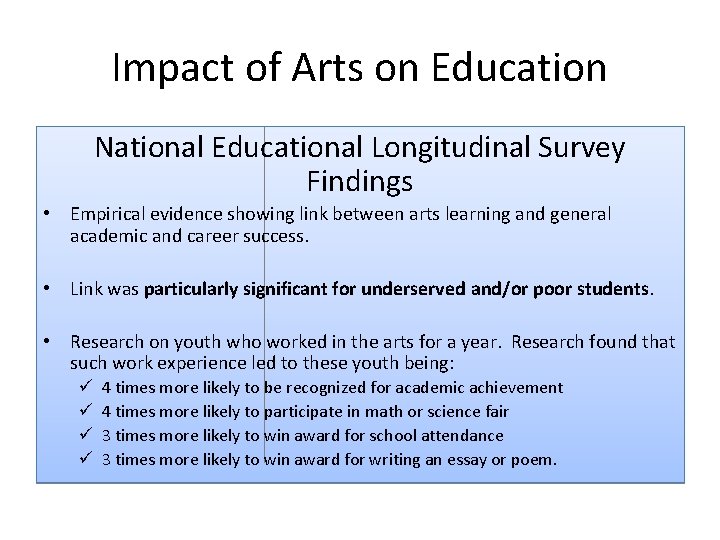 Impact of Arts on Education National Educational Longitudinal Survey Findings • Empirical evidence showing