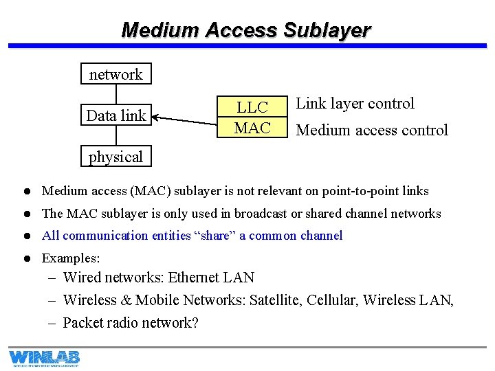 Medium Access Sublayer network Data link LLC MAC Link layer control Medium access control