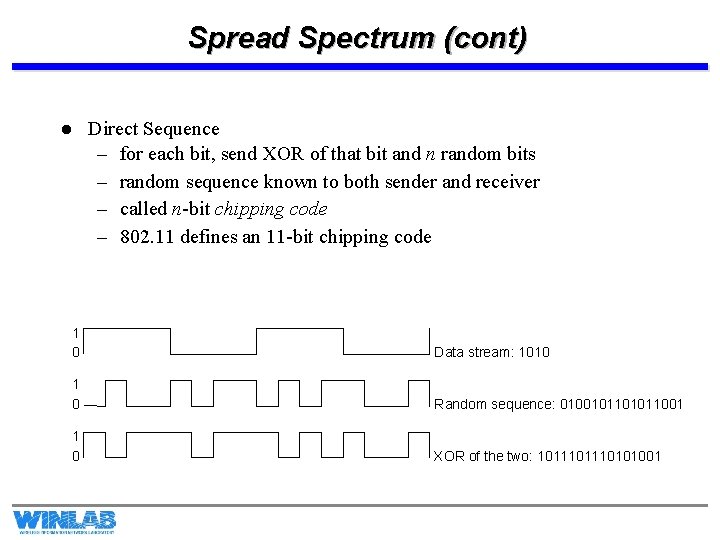 Spread Spectrum (cont) l Direct Sequence – for each bit, send XOR of that