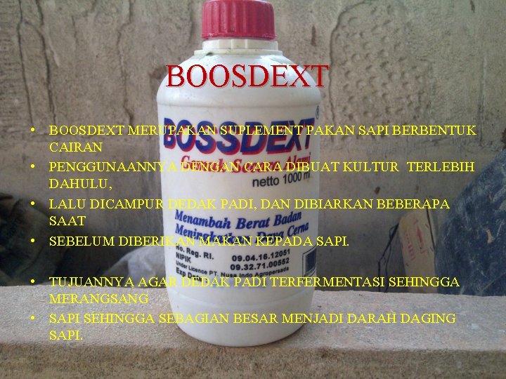 BOOSDEXT • BOOSDEXT MERUPAKAN SUPLEMENT PAKAN SAPI BERBENTUK CAIRAN • PENGGUNAANNYA DENGAN CARA DIBUAT