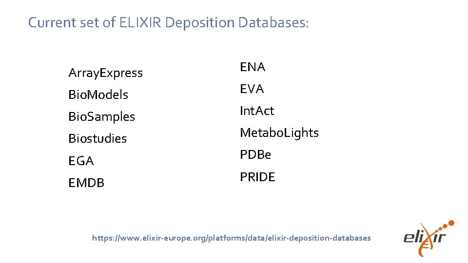 Current set of ELIXIR Deposition Databases: Array. Express Bio. Models Bio. Samples Biostudies EGA