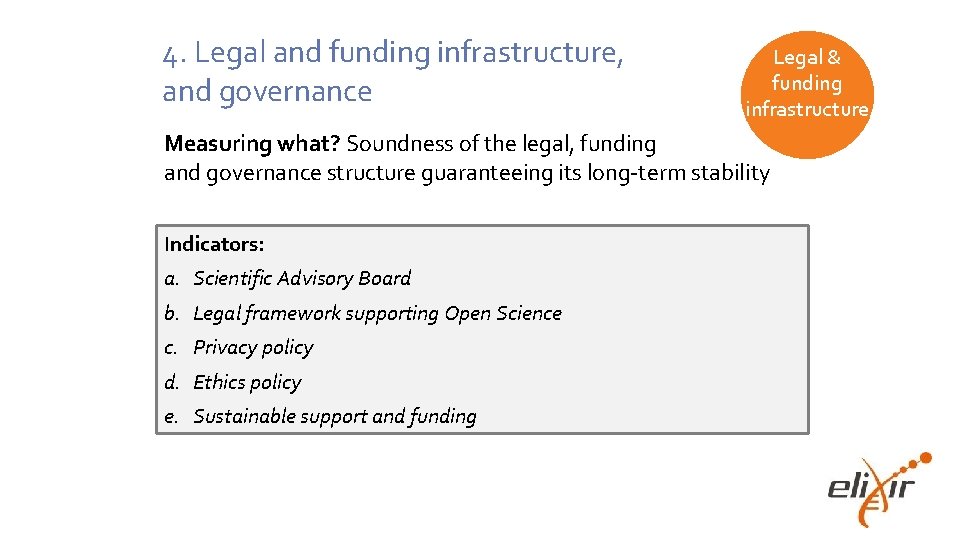 4. Legal and funding infrastructure, and governance Legal & funding infrastructure Measuring what? Soundness