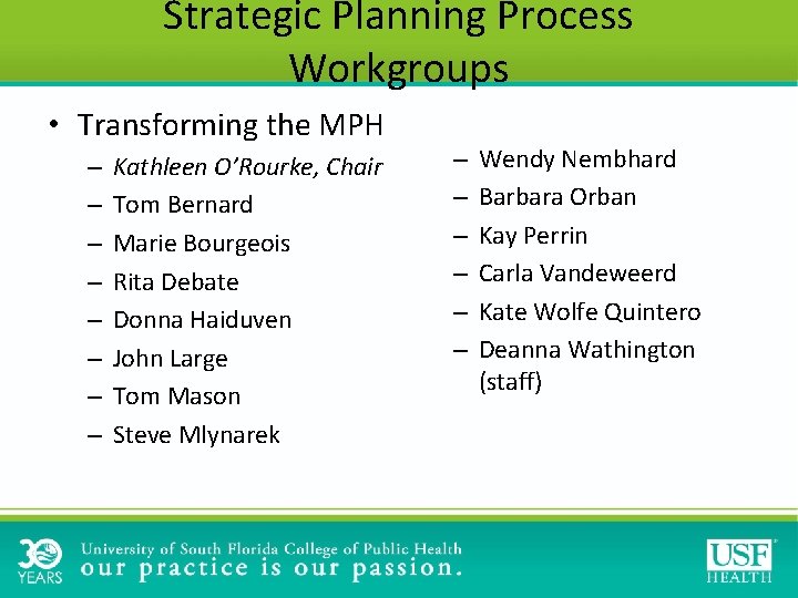 Strategic Planning Process Workgroups • Transforming the MPH – – – – Kathleen O’Rourke, Strategic Planning Process Workgroups • Transforming the MPH – – – – Kathleen O’Rourke,