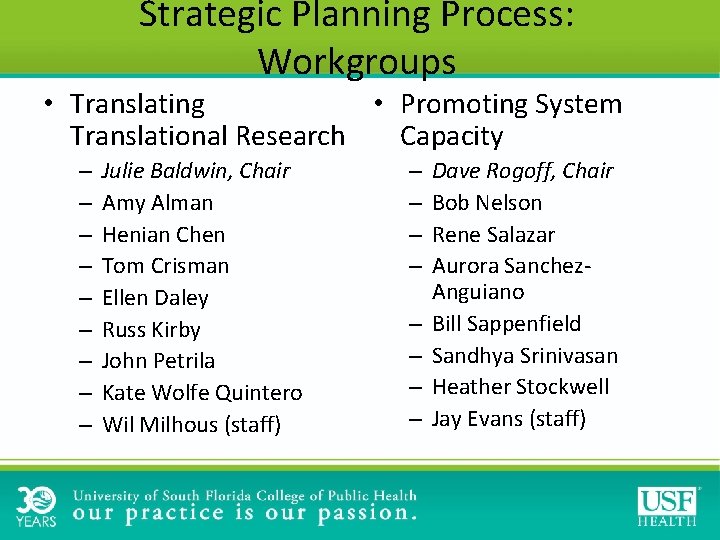 Strategic Planning Process: Workgroups • Promoting System • Translating Capacity Translational Research – – Strategic Planning Process: Workgroups • Promoting System • Translating Capacity Translational Research – –