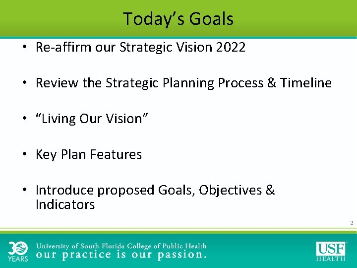 Today’s Goals • Re-affirm our Strategic Vision 2022 • Review the Strategic Planning Process Today’s Goals • Re-affirm our Strategic Vision 2022 • Review the Strategic Planning Process