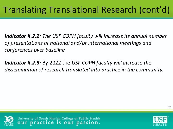 Translating Translational Research (cont’d) Indicator II. 2. 2: The USF COPH faculty will increase Translating Translational Research (cont’d) Indicator II. 2. 2: The USF COPH faculty will increase
