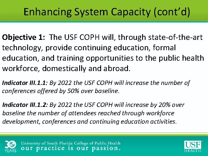 Enhancing System Capacity (cont’d) Objective 1: The USF COPH will, through state-of-the-art technology, provide Enhancing System Capacity (cont’d) Objective 1: The USF COPH will, through state-of-the-art technology, provide