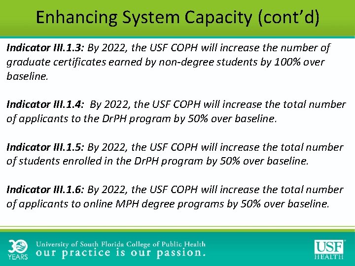 Enhancing System Capacity (cont’d) Indicator III. 1. 3: By 2022, the USF COPH will Enhancing System Capacity (cont’d) Indicator III. 1. 3: By 2022, the USF COPH will