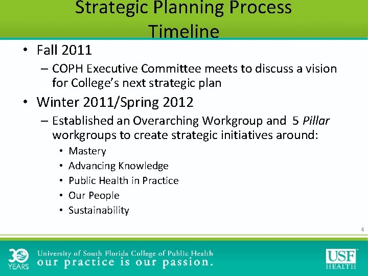 Strategic Planning Process Timeline • Fall 2011 – COPH Executive Committee meets to discuss Strategic Planning Process Timeline • Fall 2011 – COPH Executive Committee meets to discuss
