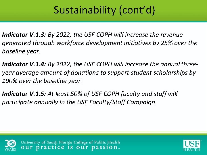 Sustainability (cont’d) Indicator V. 1. 3: By 2022, the USF COPH will increase the Sustainability (cont’d) Indicator V. 1. 3: By 2022, the USF COPH will increase the