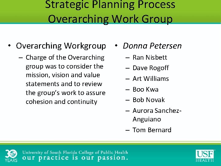 Strategic Planning Process Overarching Work Group • Overarching Workgroup • Donna Petersen – Charge Strategic Planning Process Overarching Work Group • Overarching Workgroup • Donna Petersen – Charge
