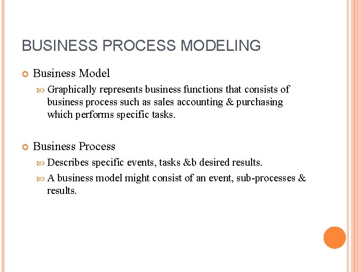 BUSINESS PROCESS MODELING Business Model Graphically represents business functions that consists of business process BUSINESS PROCESS MODELING Business Model Graphically represents business functions that consists of business process