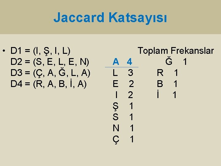 Jaccard Katsayısı • D 1 = (I, Ş, I, L) D 2 = (S,