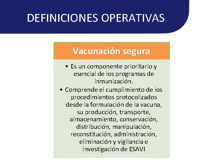 DEFINICIONES OPERATIVAS Vacunación segura • Es un componente prioritario y esencial de los programas DEFINICIONES OPERATIVAS Vacunación segura • Es un componente prioritario y esencial de los programas