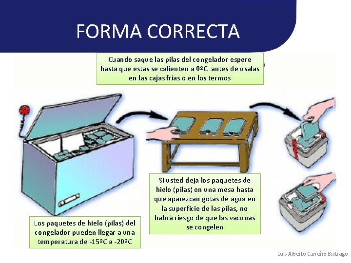 FORMA CORRECTA Cuando saque las pilas del congelador espere hasta que estas se calienten FORMA CORRECTA Cuando saque las pilas del congelador espere hasta que estas se calienten