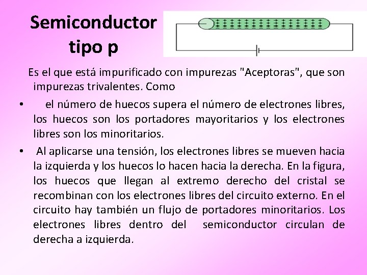 Semiconductor tipo p Es el que está impurificado con impurezas "Aceptoras", que son impurezas