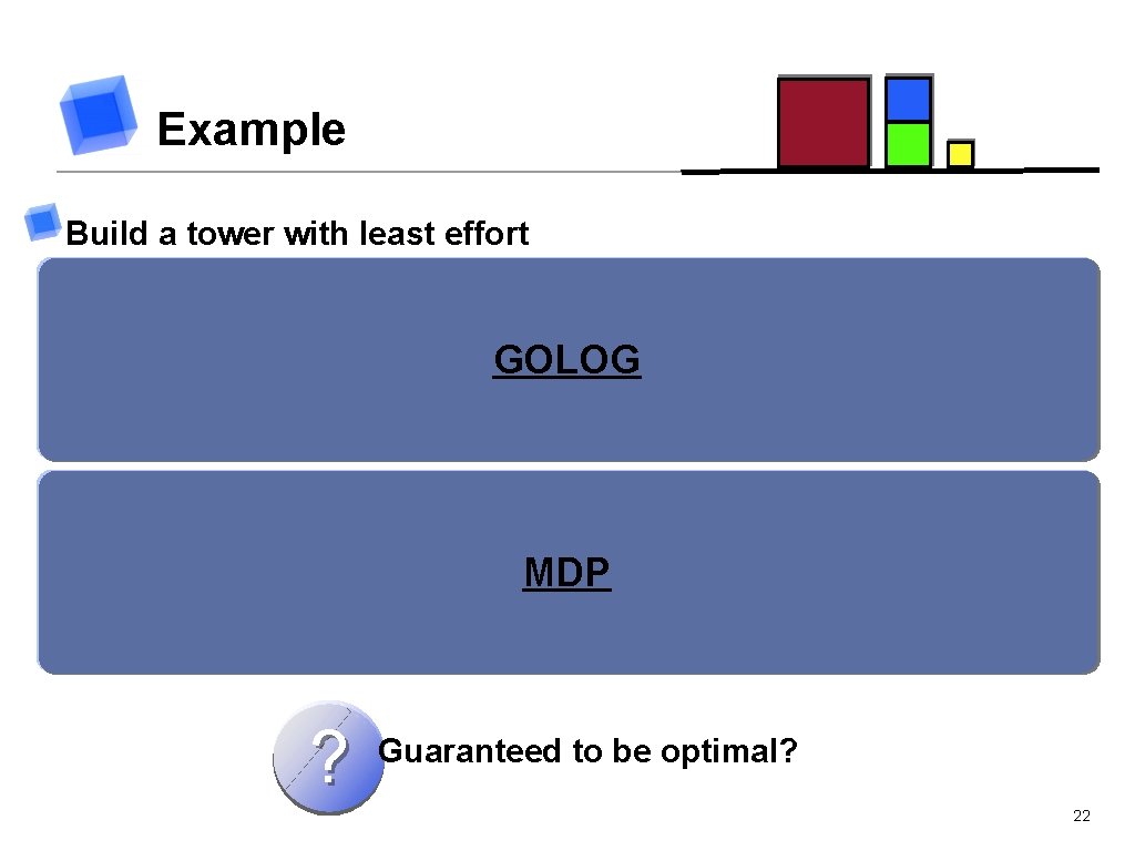 Example Build a tower with least effort Pick a block as base GOLOG Stack