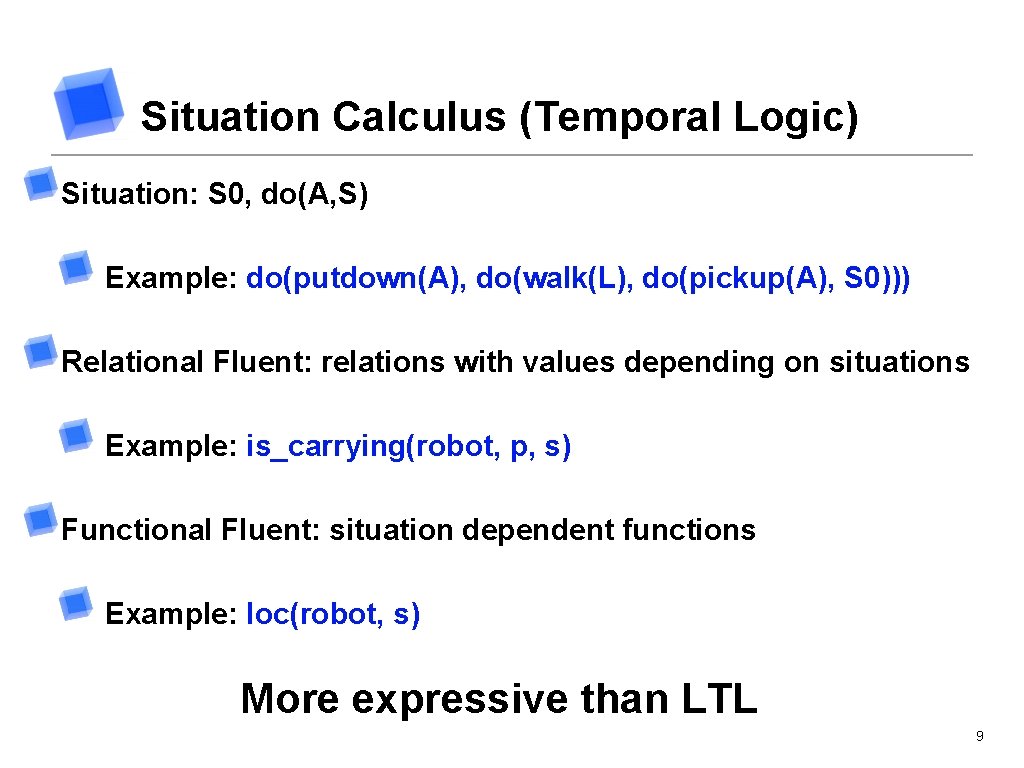 Situation Calculus (Temporal Logic) Situation: S 0, do(A, S) Example: do(putdown(A), do(walk(L), do(pickup(A), S