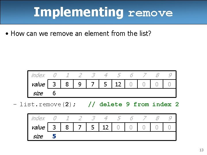 Implementing remove • How can we remove an element from the list? index value