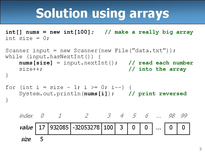 Solution using arrays int[] nums = new int[100]; int size = 0; // make