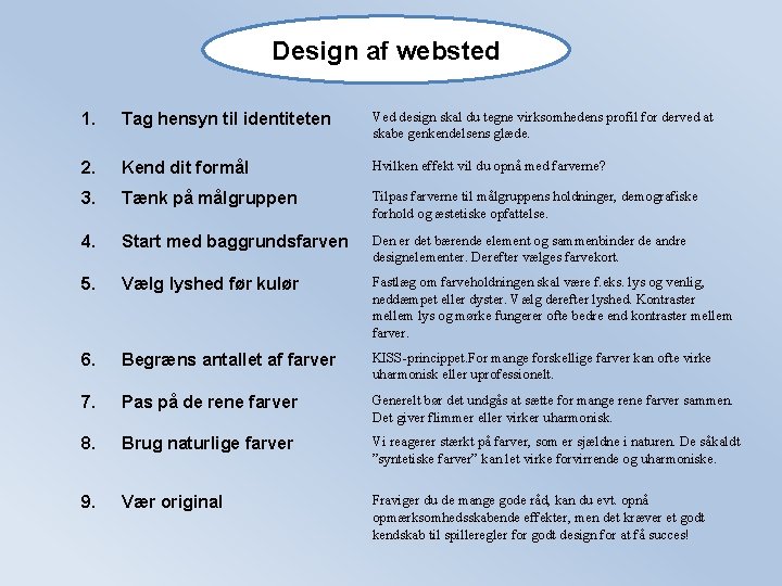 Design af websted 1. Tag hensyn til identiteten Ved design skal du tegne virksomhedens Design af websted 1. Tag hensyn til identiteten Ved design skal du tegne virksomhedens