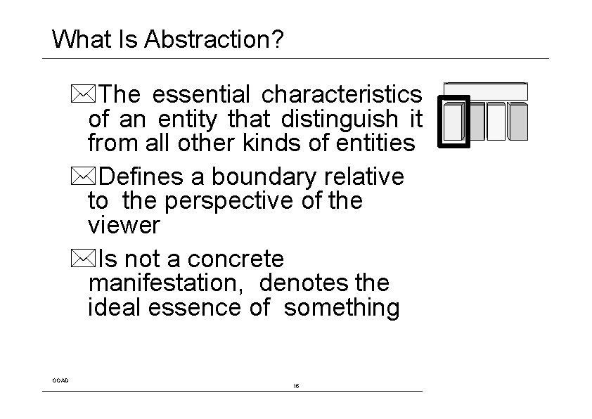 What Is Abstraction? The essential characteristics of an entity that distinguish it from all
