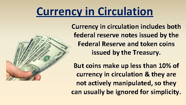 Currency in Circulation Currency in circulation includes both federal reserve notes issued by the