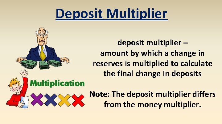 Deposit Multiplier deposit multiplier – amount by which a change in reserves is multiplied Deposit Multiplier deposit multiplier – amount by which a change in reserves is multiplied