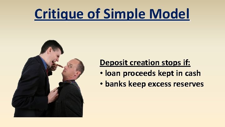 Critique of Simple Model Deposit creation stops if: • loan proceeds kept in cash