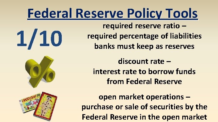 Federal Reserve Policy Tools 1/10 required reserve ratio – required percentage of liabilities banks