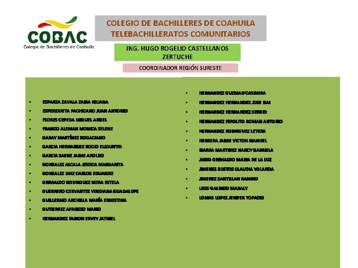 COLEGIO DE BACHILLERES DE COAHUILA TELEBACHILLERATOS COMUNITARIOS ING. HUGO ROGELIO CASTELLANOS ZERTUCHE COORDINADOR REGIÓN