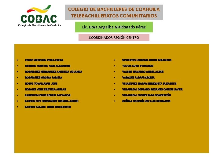 COLEGIO DE BACHILLERES DE COAHUILA TELEBACHILLERATOS COMUNITARIOS Lic. Dora Angelica Maldonado Pérez COORDINADOR REGIÓN