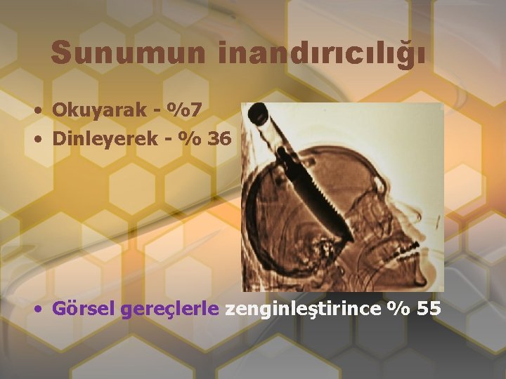 Sunumun inandırıcılığı • Okuyarak - %7 • Dinleyerek - % 36 • Görsel gereçlerle