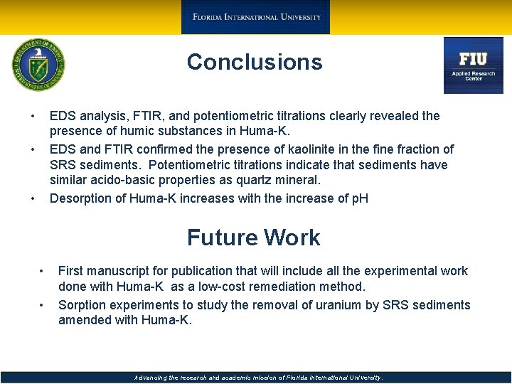 Conclusions • EDS analysis, FTIR, and potentiometric titrations clearly revealed the presence of humic