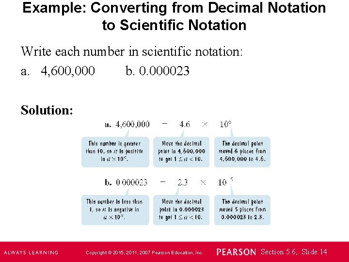 Example: Converting from Decimal Notation to Scientific Notation Write each number in scientific notation: