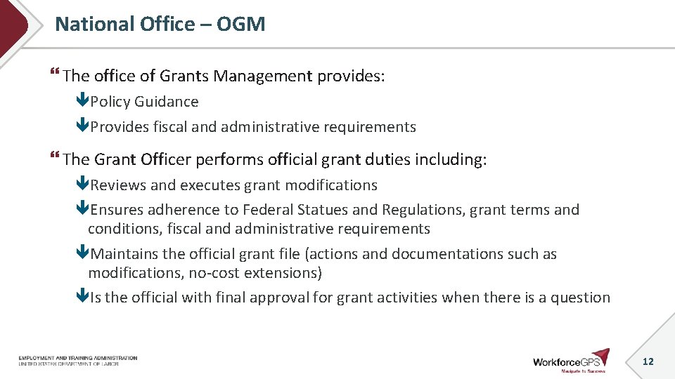 National Office – OGM The office of Grants Management provides: Policy Guidance Provides fiscal