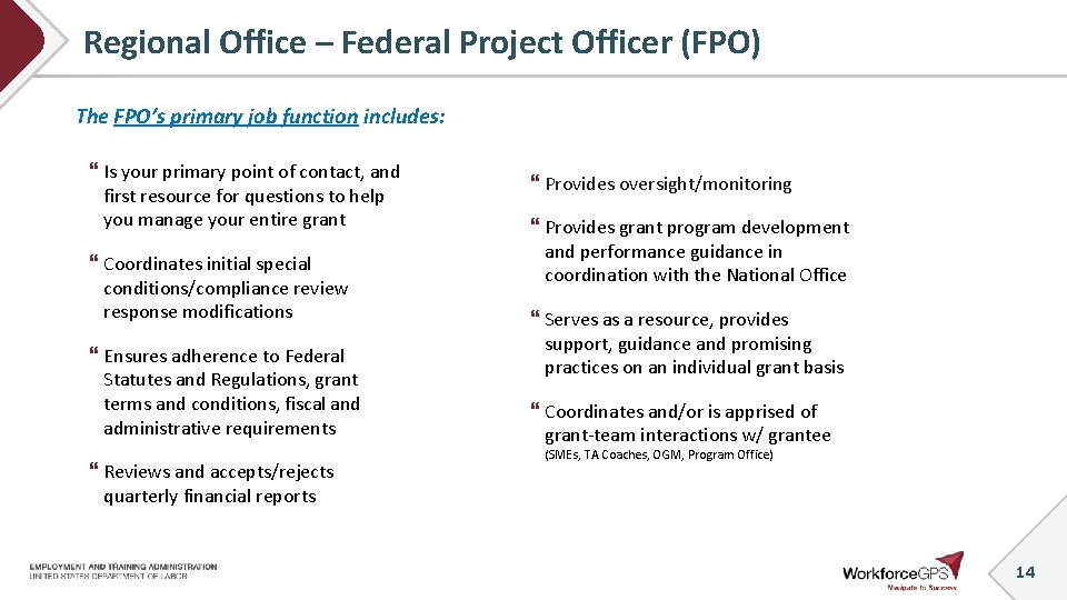 Regional Office – Federal Project Officer (FPO) The FPO’s primary job function includes: Is