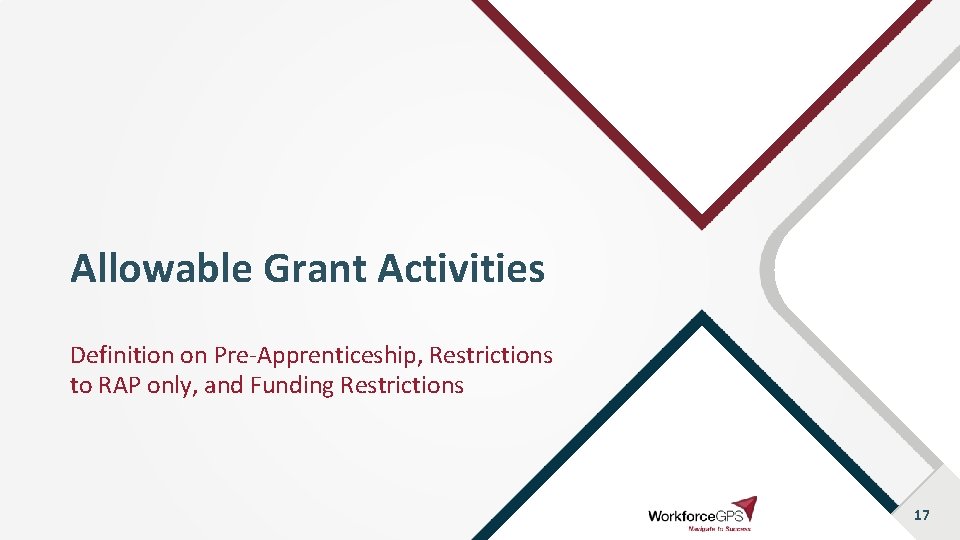 Allowable Grant Activities Definition on Pre-Apprenticeship, Restrictions to RAP only, and Funding Restrictions 17