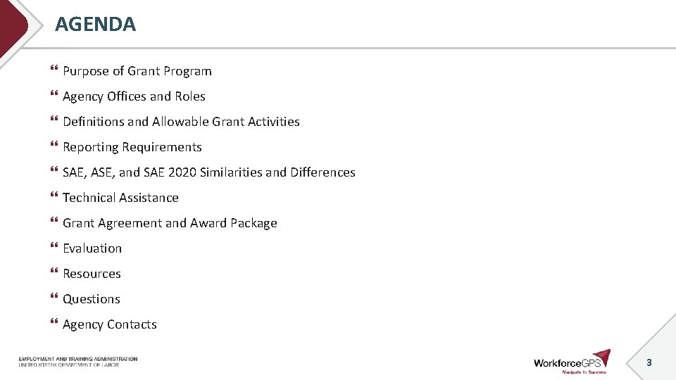 AGENDA Purpose of Grant Program Agency Offices and Roles Definitions and Allowable Grant Activities