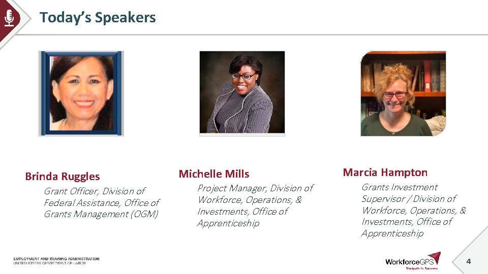 Today’s Speakers Brinda Ruggles Grant Officer, Division of Federal Assistance, Office of Grants Management