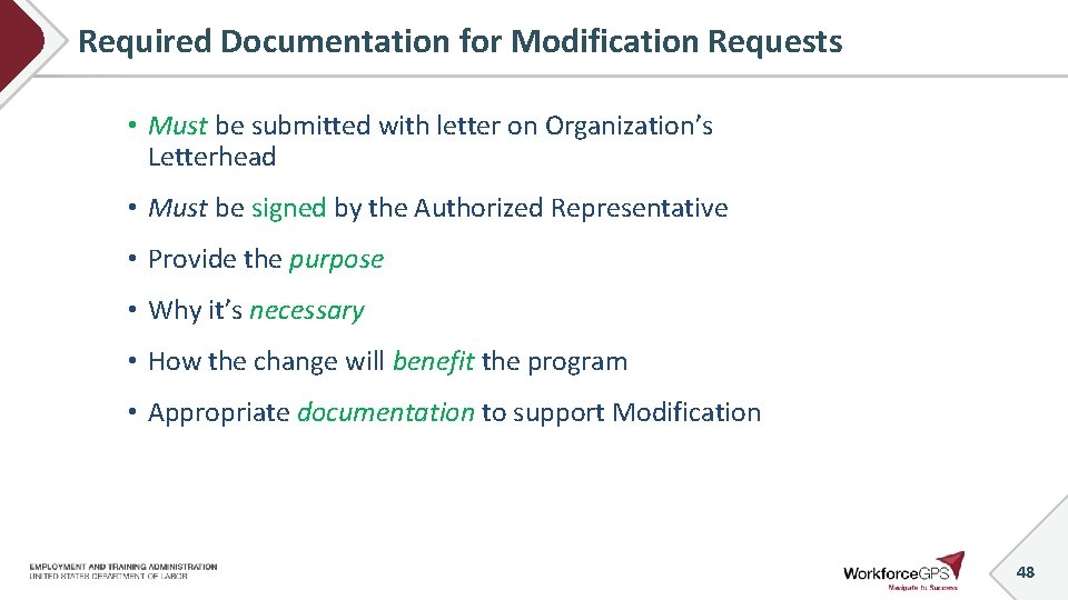 Required Documentation for Modification Requests • Must be submitted with letter on Organization’s Letterhead
