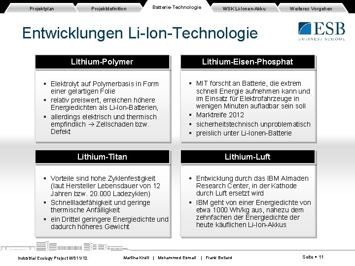 Projektplan Projektdefinition Batterie-Technologie WSK Li-Ionen-Akku Weiteres Vorgehen Entwicklungen Li-Ion-Technologie Lithium-Polymer Elektrolyt auf Polymerbasis in Projektplan Projektdefinition Batterie-Technologie WSK Li-Ionen-Akku Weiteres Vorgehen Entwicklungen Li-Ion-Technologie Lithium-Polymer Elektrolyt auf Polymerbasis in